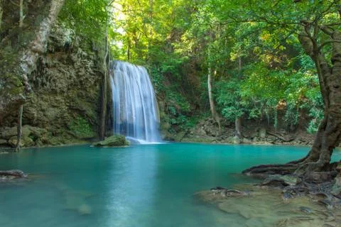 Waterfall in Deep forest at Erawan waterfall National Park, Stock Photos