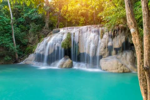 Waterfall in Deep forest at Erawan waterfall National Park, Stock Photos