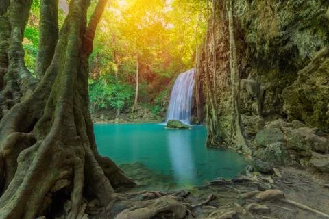 Waterfall in Deep forest at Erawan waterfall National Park, Stock Photos