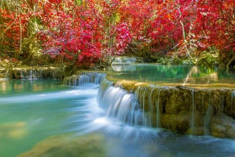 Waterfall in Deep forest at Erawan waterfall National Park Stock Photos