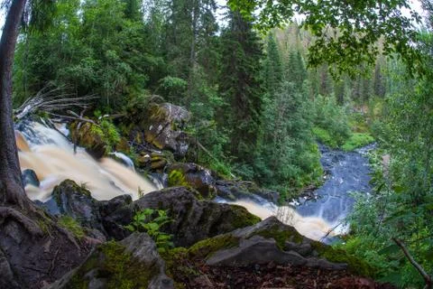 Waterfall in deep green forest Stock Photos