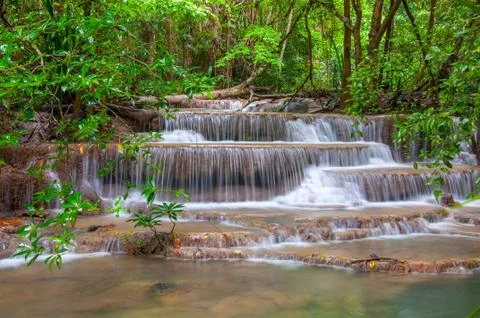 Waterfall in deep rain forest jungle (huay mae kamin waterfall in kanchanabur Stock Photos