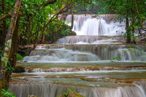 Waterfall in deep rain forest jungle (huay mae kamin waterfall in kanchanabur Stock Photos