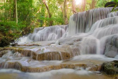 Waterfall in deep rain forest jungle (huay mae kamin waterfall in kanchanabur Stock Photos
