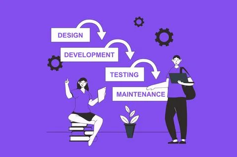 Waterfall development web concept with character scene in flat design. Peop.. Stock Illustration