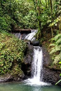 Waterfall with double fall and lagoon with transparent water Stock Photos