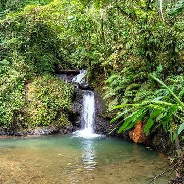 Waterfall with double fall and lagoon with transparent water Stock Photos