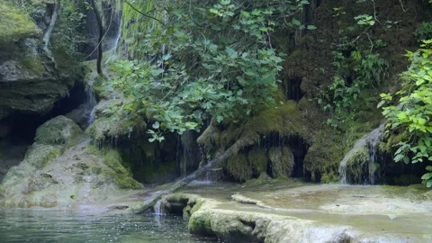 Waterfall of drops running on rocks and green moss from source Stock Footage 221489770