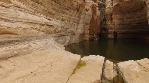 Waterfall at Ein Avdat. Negev Desert. Israel. DJI-0045-01 Stock Footage 123659692