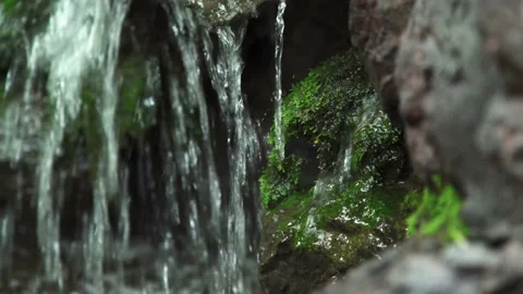 Waterfall fall into river with lush green moss on the dark rock Stock Footage 198800122