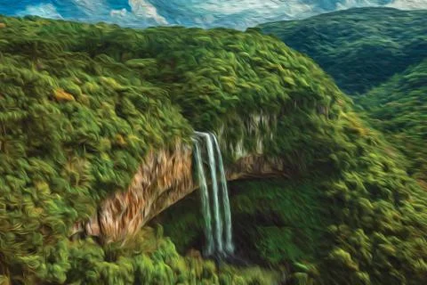 Waterfall falling from a cliff covered by forest Stock Illustration
