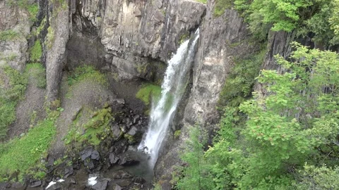 Waterfall falling down cliff with bushes 3 Stock Footage 137259712