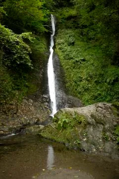 Waterfall falling down green hills in rural forest Stock Photos