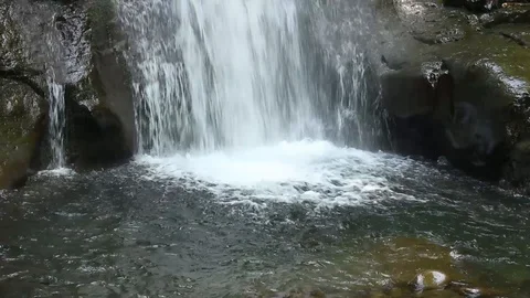 Waterfall falls into a pool between the rocks Video stock 99314276