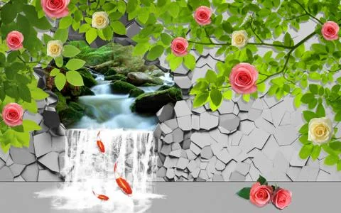 The waterfall falls through a broken concrete wall, yellow and pink roses Stock Illustration