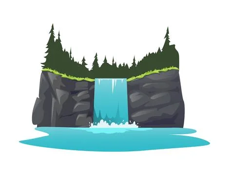 Waterfall, flat cartoon style, vector illustration isolated on white Stock Illustration