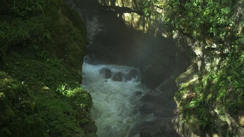 Waterfall Flowing Into The Cold Mountain River. Martvili Canyon, Georgia. Stock Footage 120252290