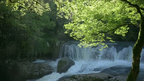 Waterfall Flowing Into The Cold Mountain River. Martvili Canyon, Georgia. Stock Footage 120252390