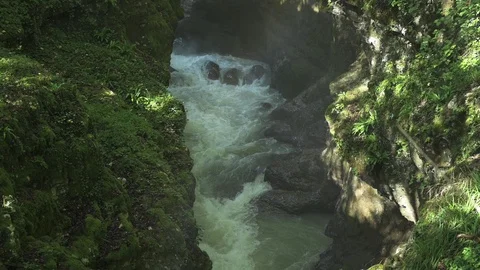 Waterfall Flowing Into The Cold Mountain River. Martvili Canyon, Georgia. Stock Footage 121696791
