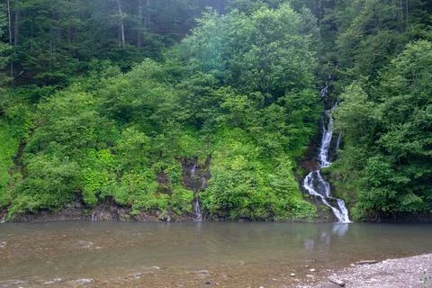 Waterfall flowing into mountain river surrounded by lush green forest Stock Photos
