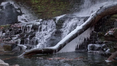 Waterfall flowing over ice covered rocks Video stock 298134541