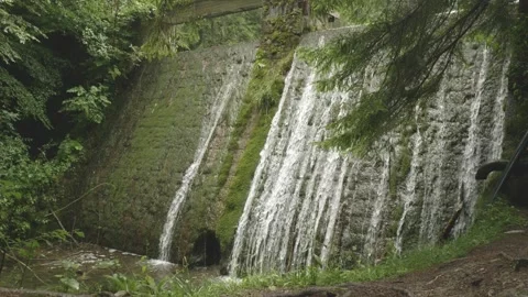 Waterfall Flowing Over Stone Wall of Small Forest Reservoir – Landscape Shot Stock Footage 316963870
