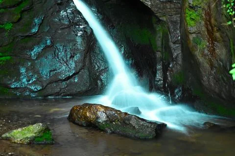 Waterfall flowing into a rocky pool surrounded by green plants at a nature si Fotos de archivo