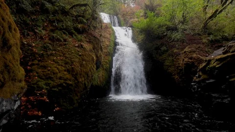 Waterfall flowing into a small wading pond in a rocky canyo Stock Footage 100245706