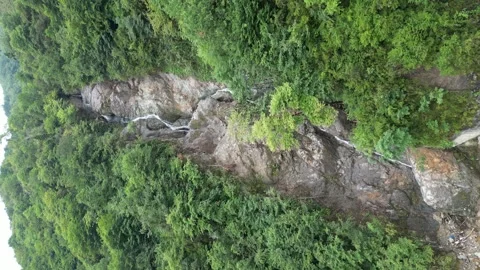 Waterfall flowing through dense forest. Aerial Lockdown Shot Of Waterfall Flo Stock Footage 249244022