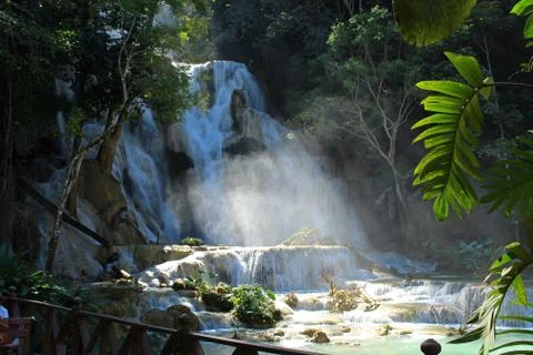 Waterfall flowing through rain forest with sunlight from above Stock Photos