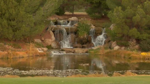 Waterfall flows down rocks into pond with ducks Stock Footage 125344922
