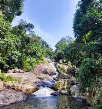 Waterfall flows down rocks surrounded by green trees in a rural area under .. Stock Photos