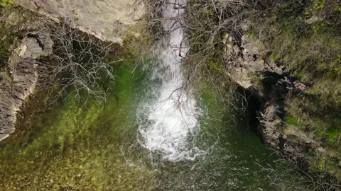 Waterfall flows rapidly among rocks, dry trees, canyon. Wildlife landscape Video stock 205974312