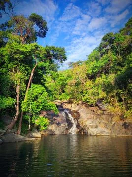 Waterfall flows into a small lake surrounded by green trees and blue sky on.. Stock Photos