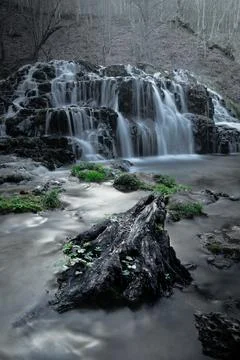 Waterfall Flows Through Forest Over Rocks and Driftwood in Soft Mystical Ligh Stock Photos