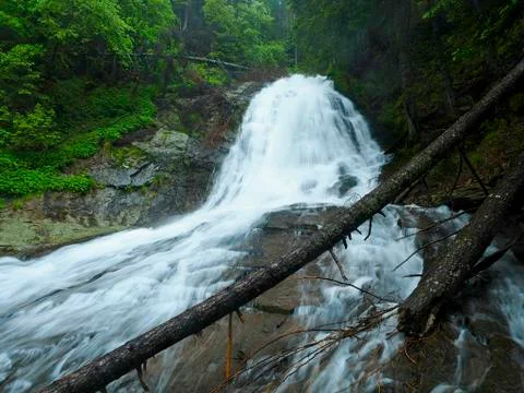 Waterfall in a forest with fallen tree in front Stock Photos