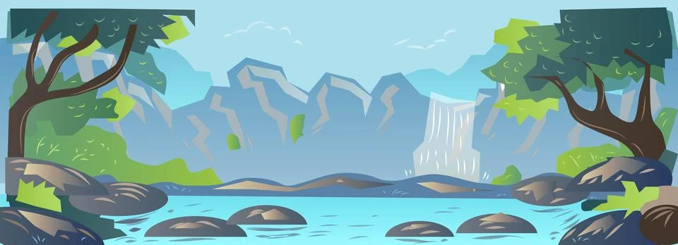 Waterfall Forest Game Background Vector Illustration Stock Illustration