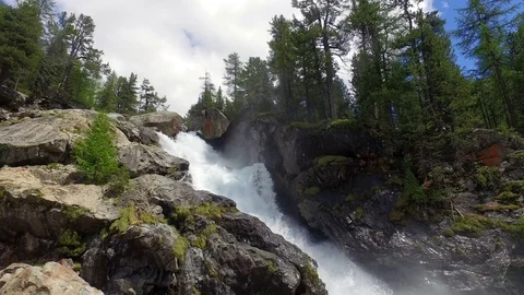 Waterfall in a forest, green trees and bubbling water Video stock 111251735