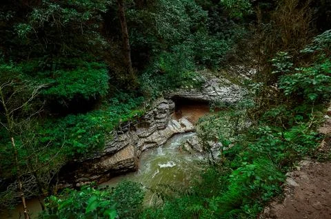 A waterfall in a forest Stock Photos