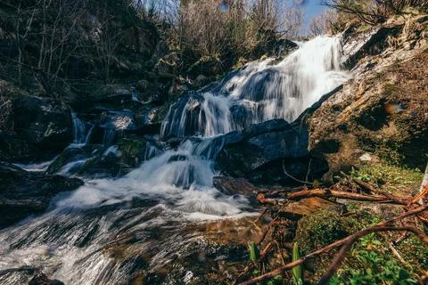 A waterfall in a forest Stock Photos