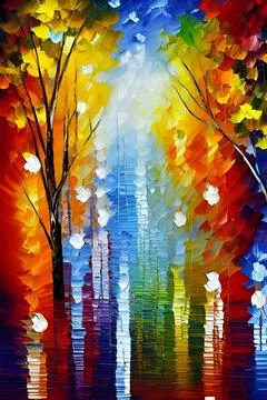 Waterfall, forest, reflections, blu, red, green, yellow, striking, celebration Stock Illustration