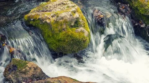 Waterfall on a forest river with a close-up of a stone covered with moss Stock Photos