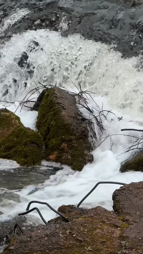 Waterfall in the forest, stream with water flows close-up and hits the rocks Stock Footage 306059238
