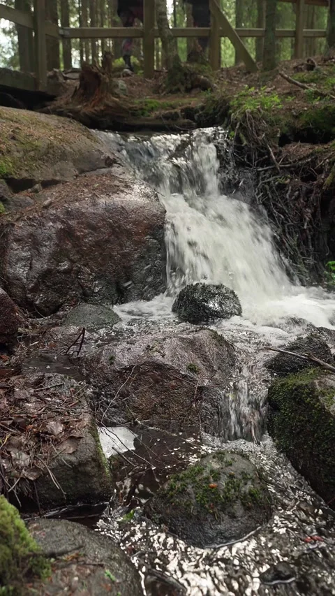 Waterfall in a forest on a summer day with to two people seen walking acros.. Stock Footage 312750333