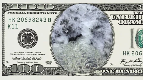 Waterfall in frame of 100 dollar bill Stock Footage 96343806