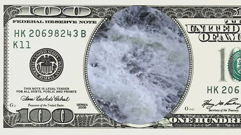 Waterfall in frame of 100 dollar bill Stock Footage 97472585