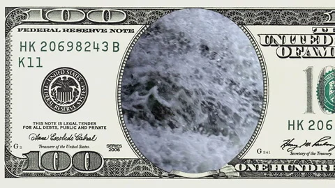 Waterfall in frame of 100 dollar bill Stock Footage 97599295