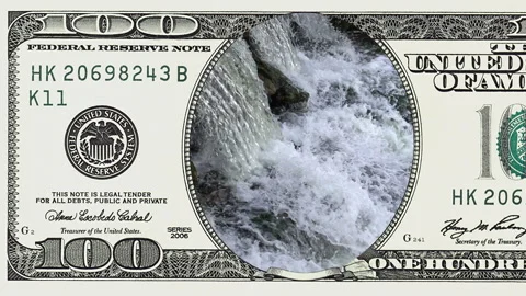Waterfall in frame of 100 dollar bill Stock Footage 97610234
