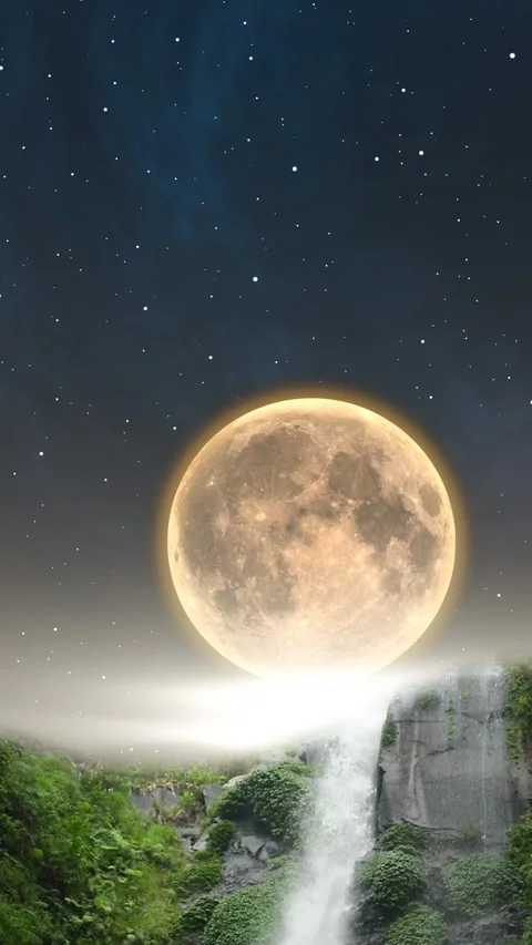 Waterfall with full moon background Stock Footage 296950583