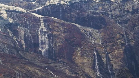 Waterfall from glacier melting in upper himalayan mountains. Water streams .. Stock Footage 279870923